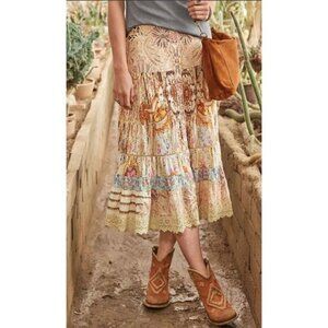 Sundance Rare Best Travel Lace Print Boho Victorian Patchwork Midi Skirt L